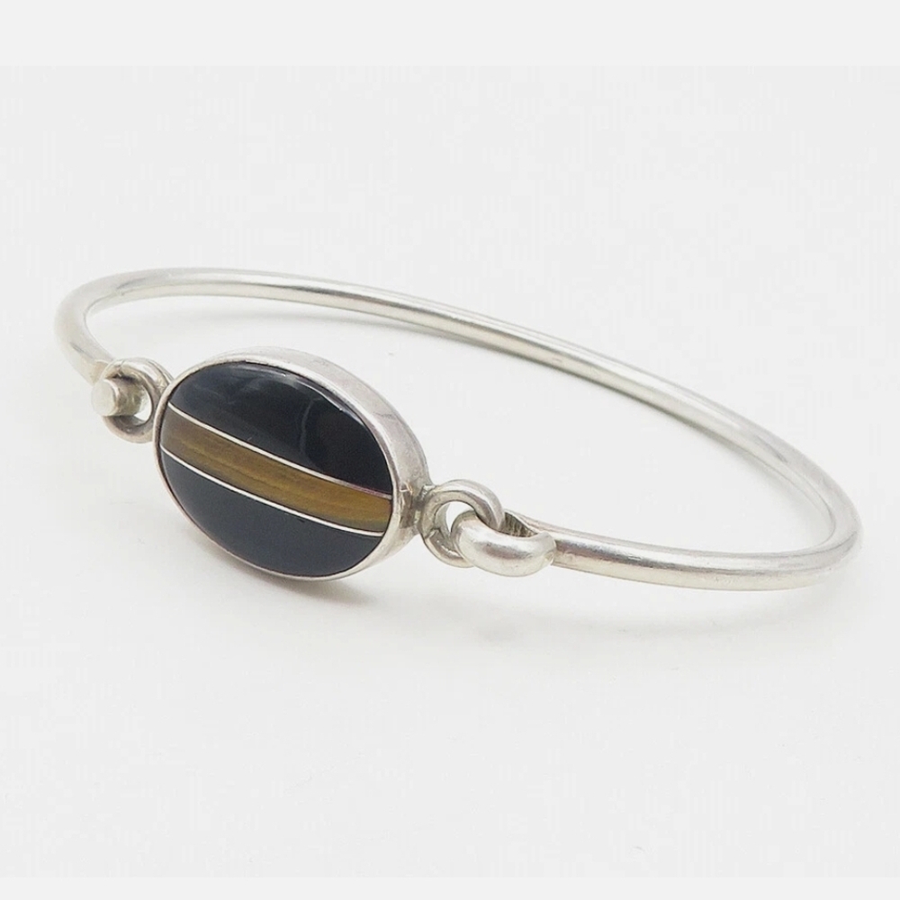 Vintage Silver Onyx & Tiger Eye Bangle Bracelet